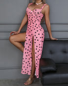 Pink long nightgown with black heart print, spaghetti straps and high slit