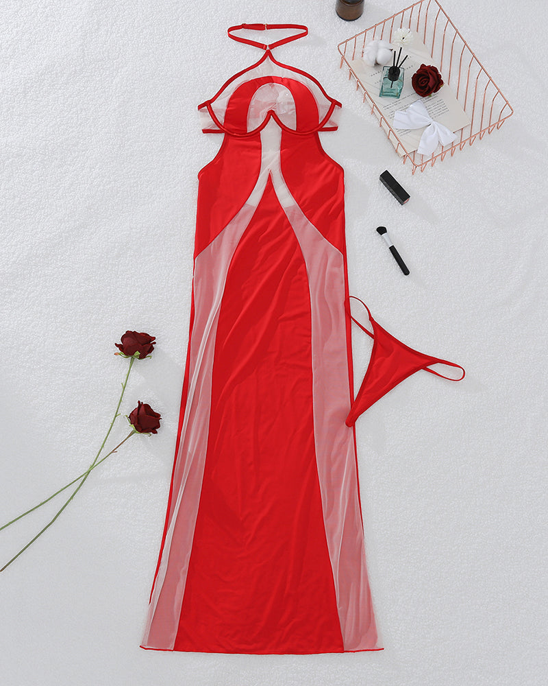 Red halter-neck mesh midi dress with heart cutout, flat lay