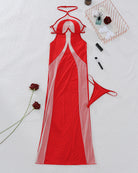 Red halter-neck mesh midi dress with heart cutout, flat lay