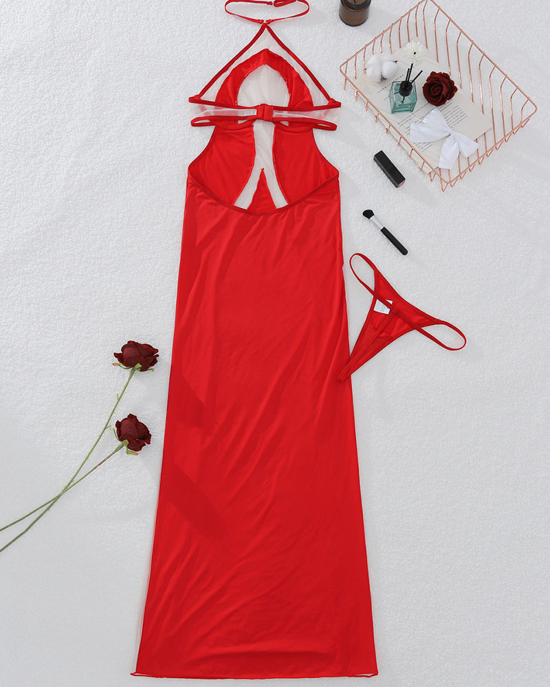 Red halter-neck mesh midi dress with heart cutout and tulle overlay, flat lay