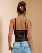 Black embroidered sequined mesh bodysuit, open back with thin straps