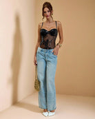 Black embroidered sequined mesh bodysuit with sweetheart bra cups and slim straps