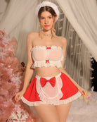 Red and white maid cosplay set: lace strapless top with red bows, mini skirt, headband