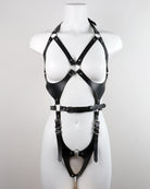 Black PU leather harness body belt with underbust cups and front buckle straps