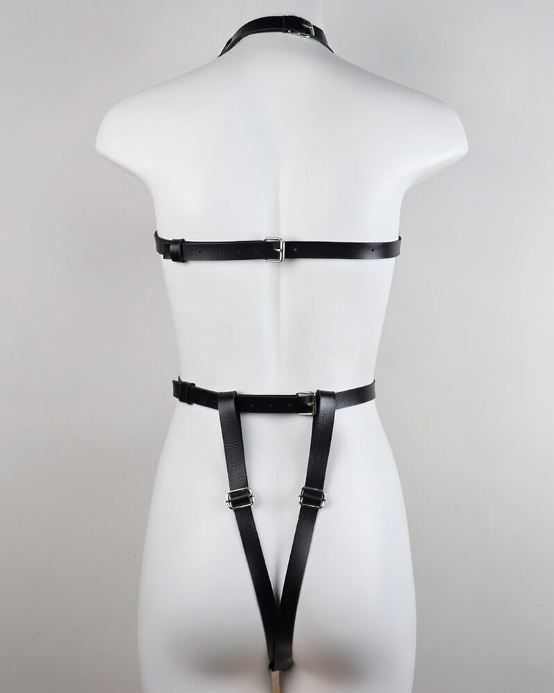Black PU leather full-body harness belt with back straps and thigh garters