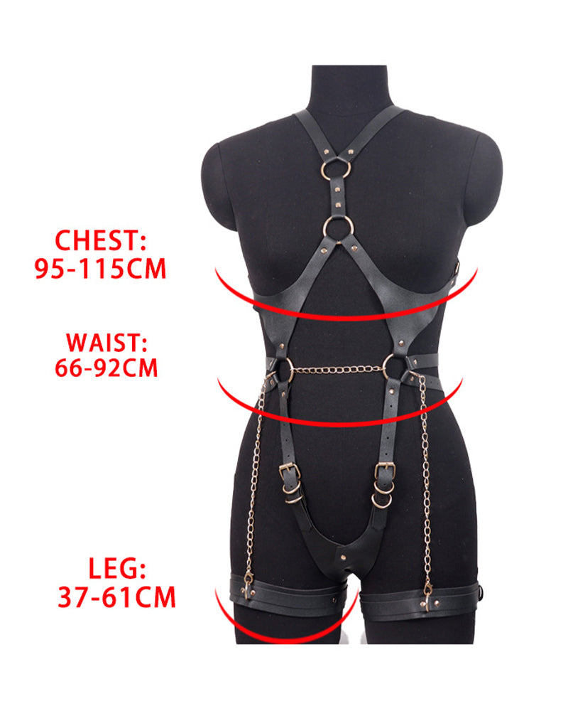 Black faux leather full-body harness with size ranges for chest, waist, and leg on mannequin