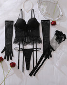 Black lingerie socks and gloves set with mesh corset, fishnet stockings, accessories