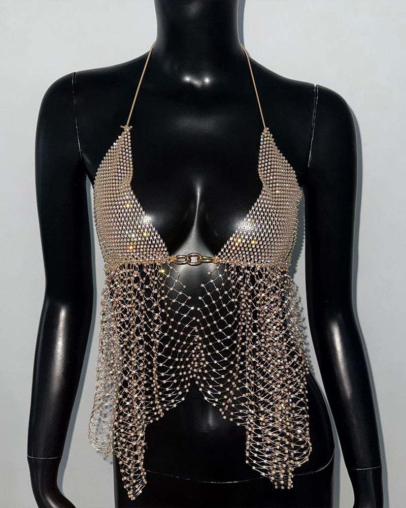 Gold-toned rhinestone crystal crop top with halter neckline and dangling fringe