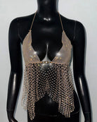 Gold-toned rhinestone crystal crop top with halter neckline and dangling fringe