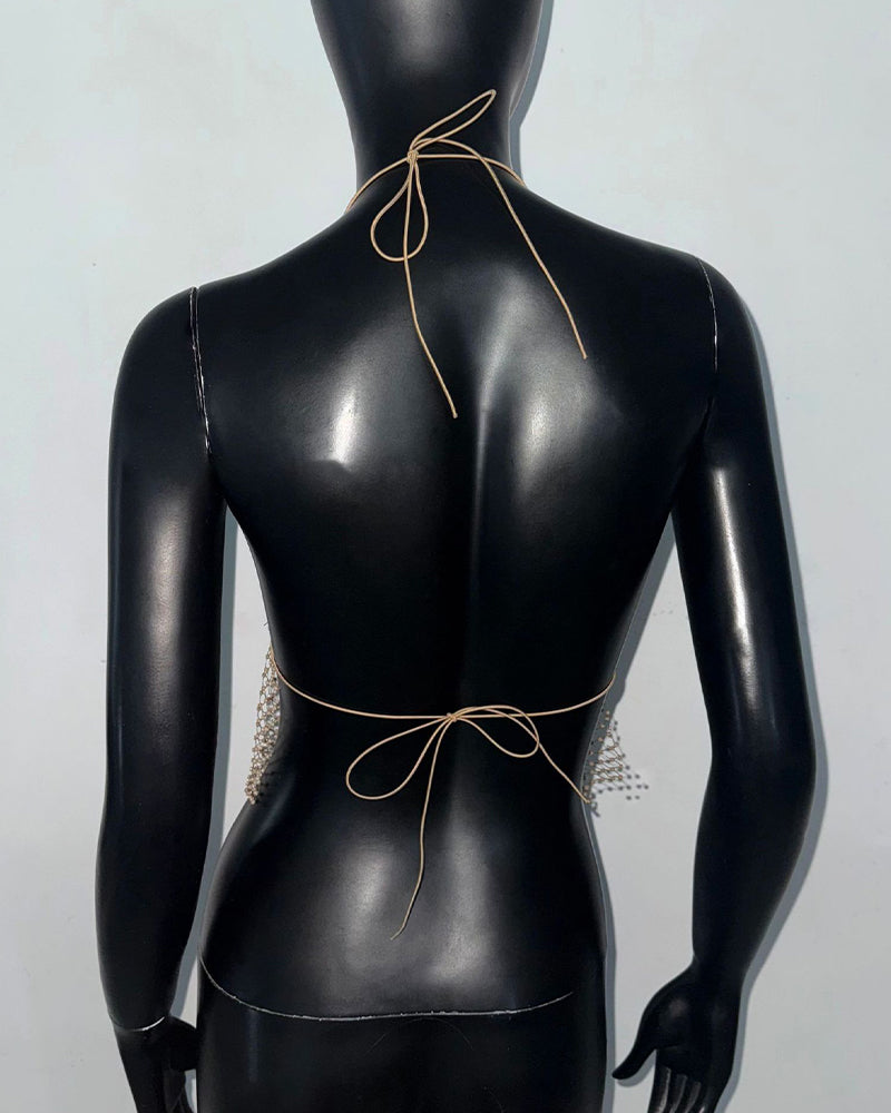Back view gold rhinestone crystal crop top with lace-up tie strings