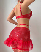 Red sequined lingerie sock set with fishnet thigh-highs and bow-trim tulle ruffle skirt