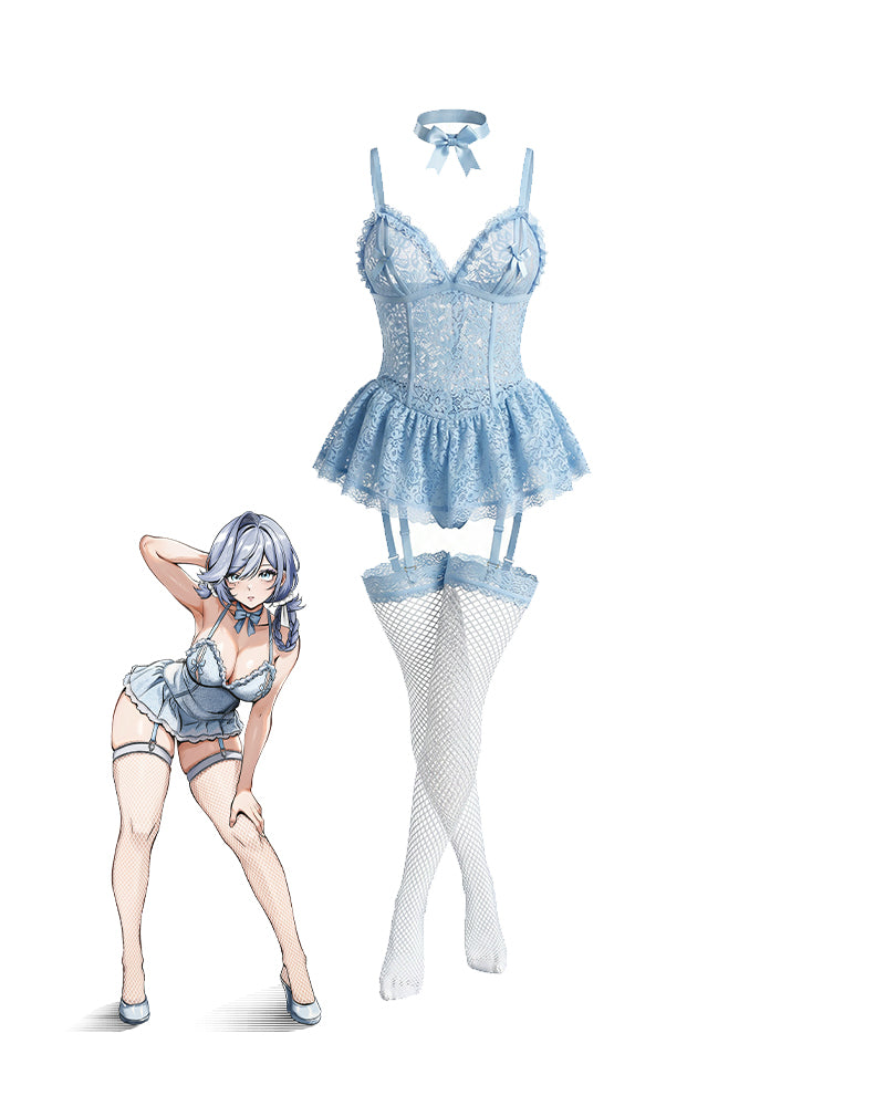 Sky blue lace babydoll and thigh-high stockings with garter-style straps, flat illustration