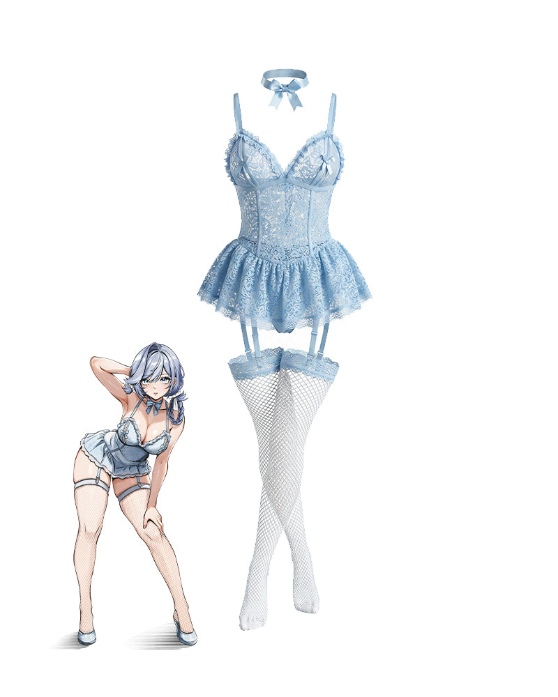 Sky blue floral lace babydoll mini dress with garter straps and white thigh-high stockings