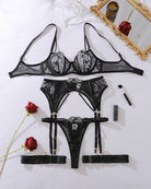 White sheer lace lingerie set: underwire bra, garter belt, and matching thong