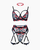 Black sheer lingerie set with red floral bra and matching garter belt with straps