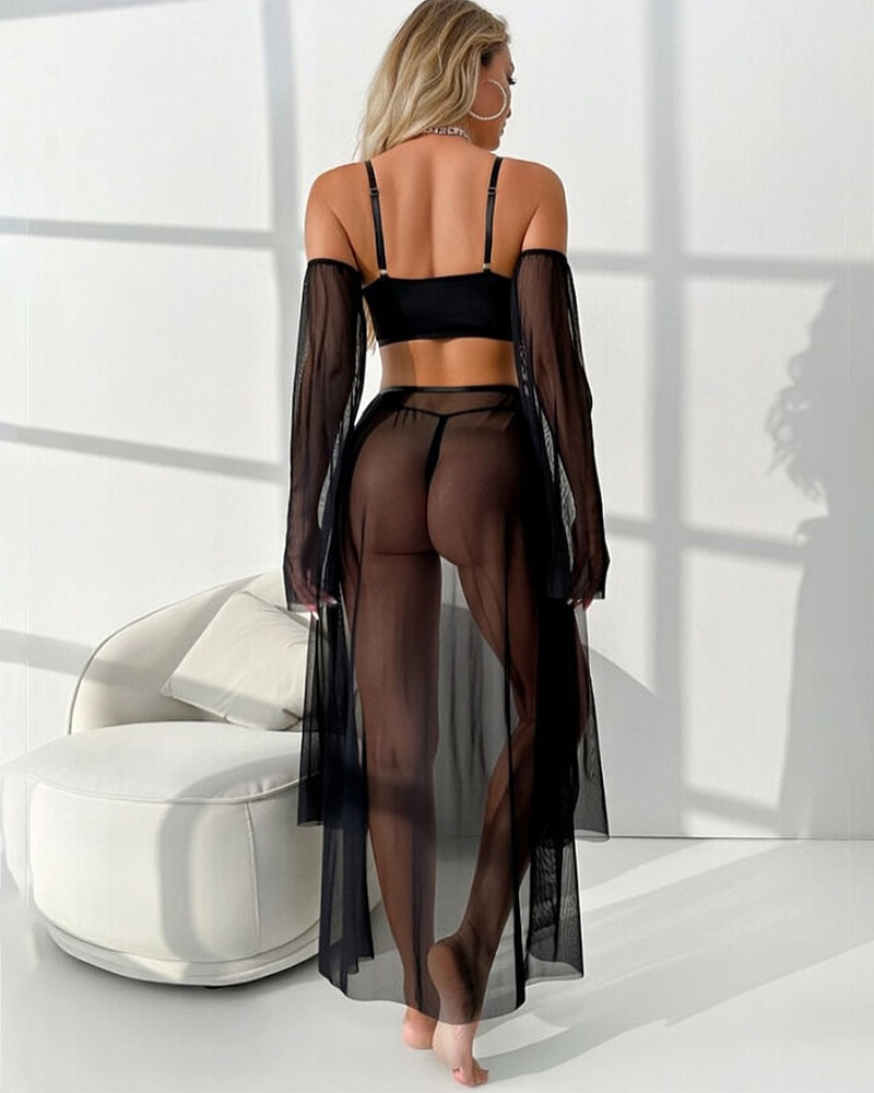 Black mesh lingerie set with backless bra, fringe accents, and sheer draped skirt