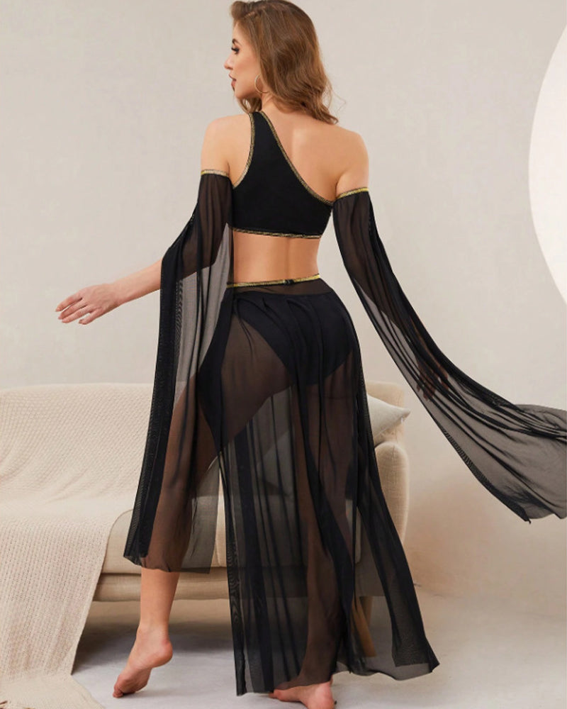 Black asymmetrical crop top and mesh maxi slit skirt set, back view with draped sleeves