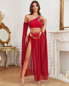 Red asymmetrical crop top and mesh maxi slit skirt set, gold trim waist detail