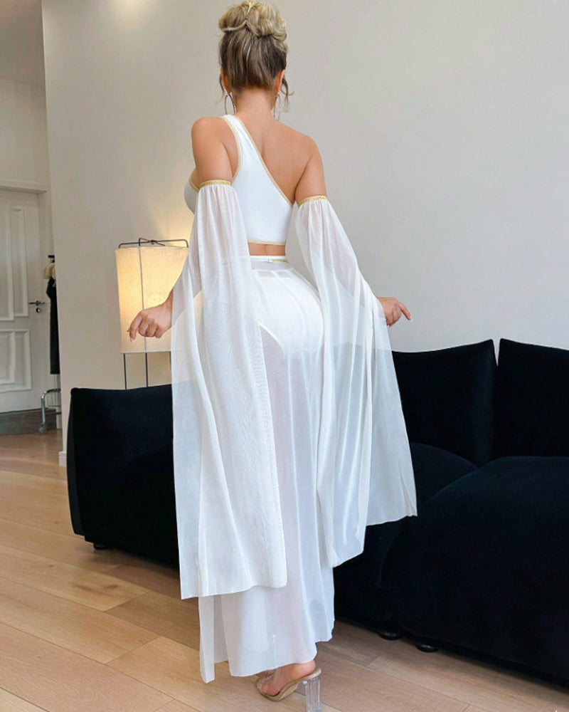 White asymmetrical crop top and mesh maxi slit skirt set, back view with draped fabric