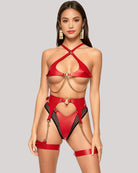 Red leather hollow harness set, halter cross front top, chain-linked straps, high-cut bottoms