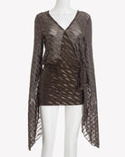 Brown V-neck mini dress with flowing long sleeves and wrap-style draped front