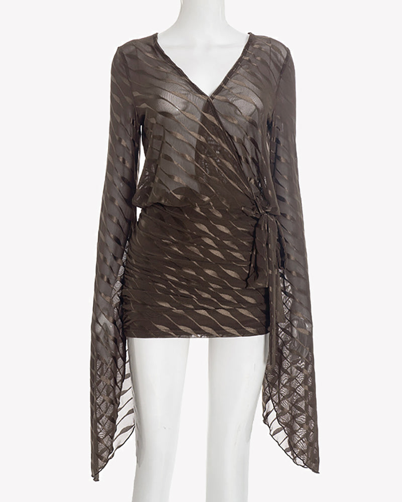 Brown V-neck mini dress with flowing long sleeves and wrap-style draped front
