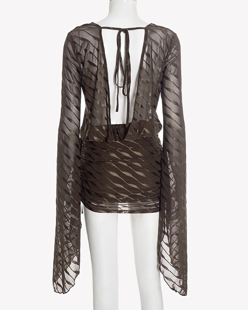 Brown backless mini dress with low V back, long flared sleeves, and drawstring neckline