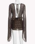 Brown backless mini dress with low V back, long flared sleeves, and drawstring neckline