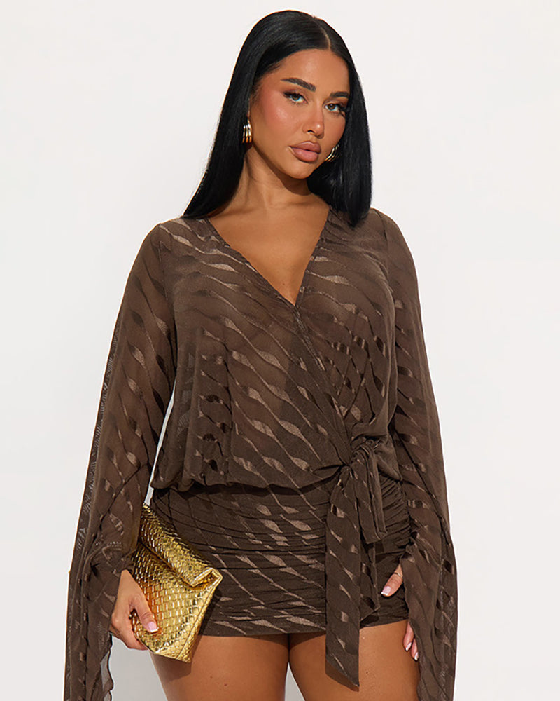 Brown V-neck mini dress with flared sleeves and self-tie waist detail