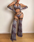 Leopard harness lingerie set with gloves, halter bra, flared pants, garter straps