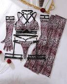 Leopard lingerie set accessories: strappy top, harness briefs, flared pants, gloves