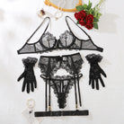 Black sheer floral lace 5-piece lingerie set: bra, panty, garters, gloves