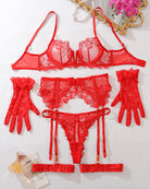 Red sheer floral lace lingerie set with bra, garter belt, panties, and gloves