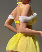 Yellow off-shoulder lingerie set with lace bra, tulle mini skirt, and garter straps