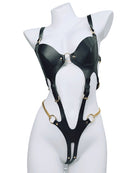 Black leather harness bodysuit on mannequin, scalloped cups, gold chain belt and straps