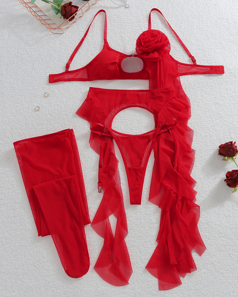 Red mesh lingerie set pieces: bra, garter straps, cutout panties and matching thigh socks