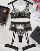 Black lace lingerie set with underwire bra, lace briefs, garter belt, and thigh straps