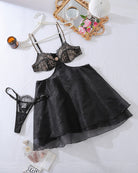 Black sheer mesh lingerie set with lace bra, matching panties, and flared babydoll skirt
