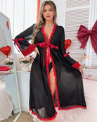 Black sheer mesh long robe with red lace trim and tie-front detail