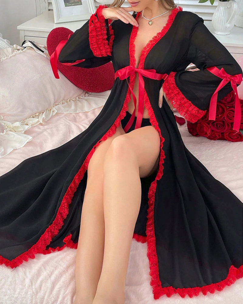 Black sheer mesh long robe with red lace neckline and ruffled cuffs