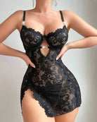 Black sheer mesh mini dress with lace bodice, keyhole detail, and high slit