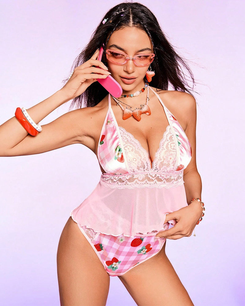Strawberry print halter pajama set with scalloped lace cups and pink sheer skirt