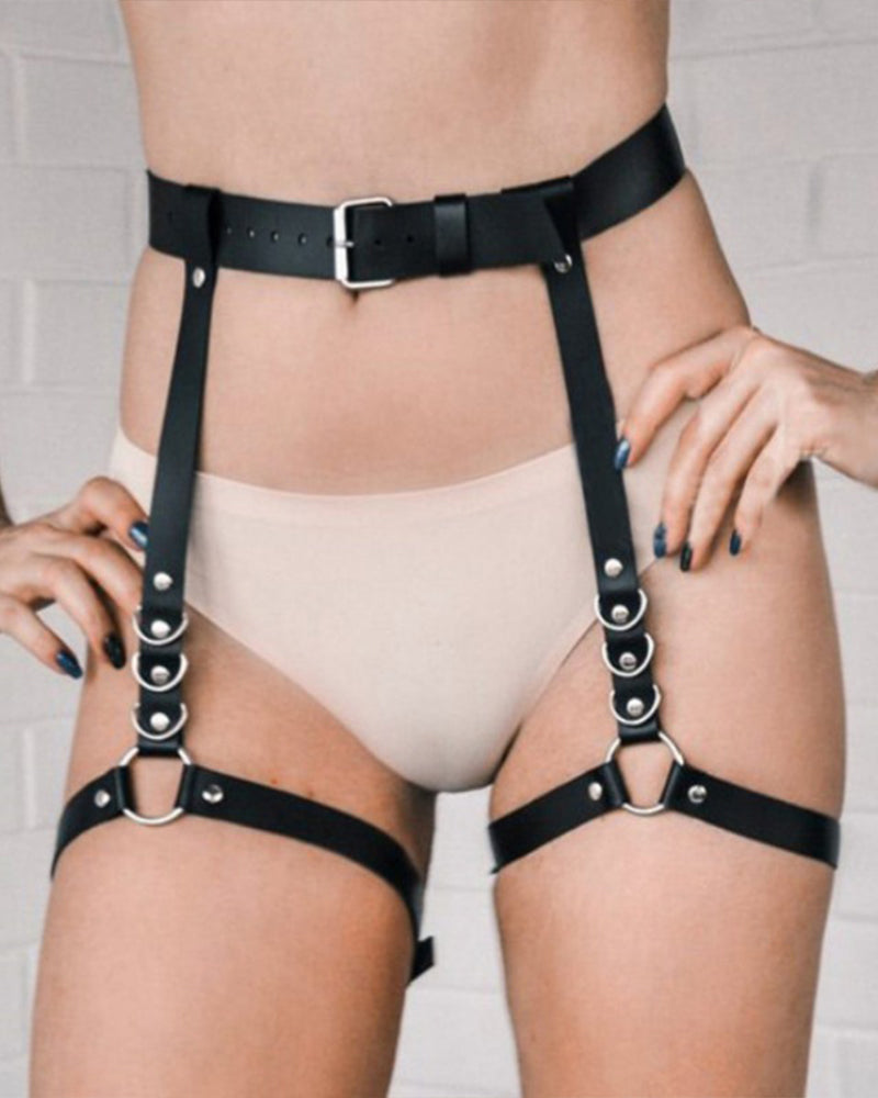 Black waistband garter belt with double thigh straps and silver buckle rings