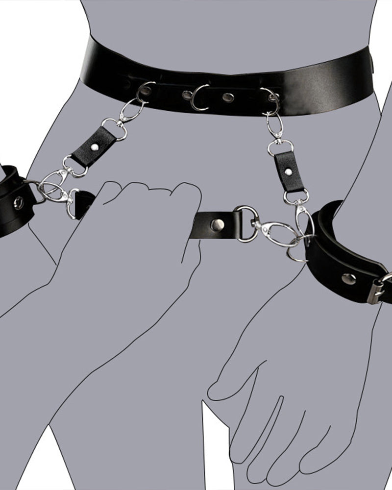 Black leather choker-style belt with metal rings and attached chain wrist cuff