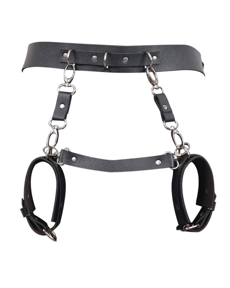 Black leather bondage harness waistband with two hanging wrist cuffs and chain links