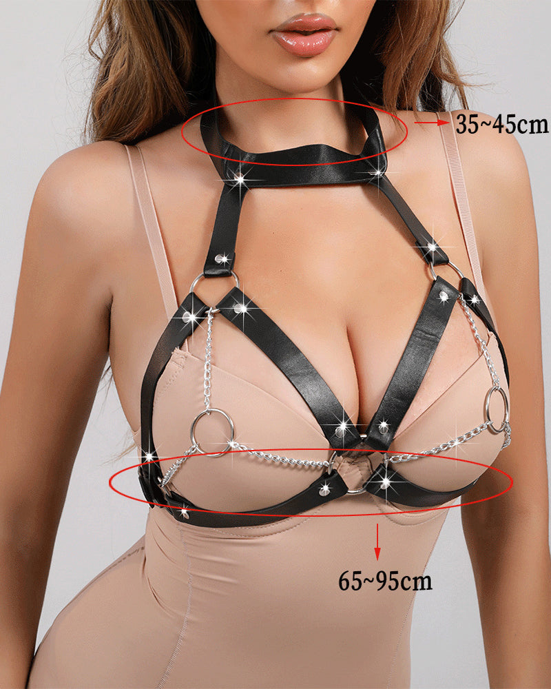 Black leather chest harness with chain straps; size guide 35-45 cm and 65-95 cm