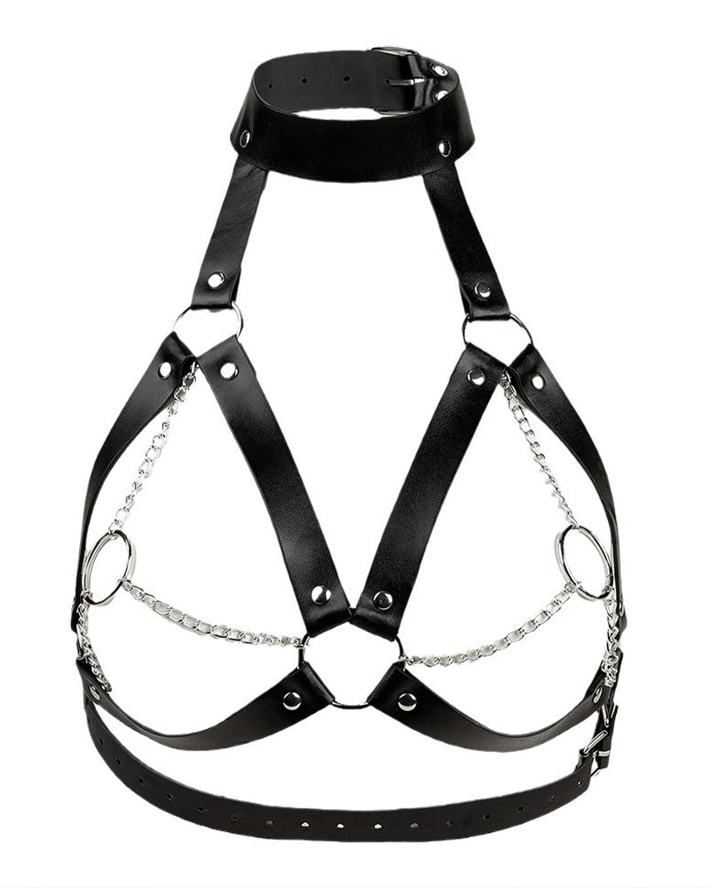 Black leather collar and chest harness with chain accents and metal rings, adjustable straps