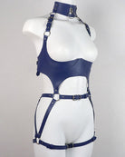Blue leather body harness belt set with chest strap, garter straps, buckles