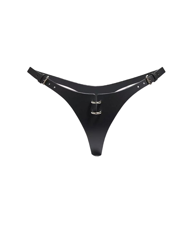 Black leather thong with O-ring front clasp and side straps