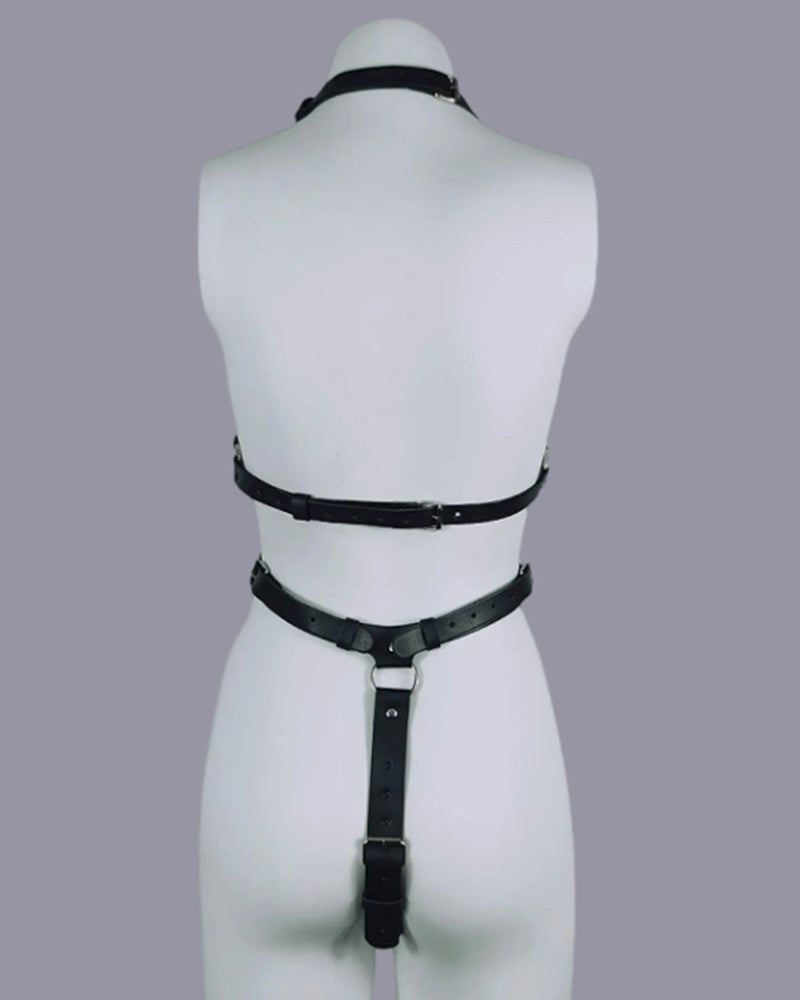 Black leather bondage harness bodysuit with back collar band and waist straps